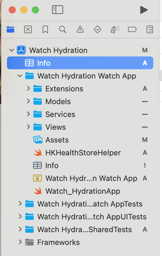 A screenshot of an Xcode solution with a plist file asking for HealthKit permissions in both the watchOS project and the root of the solution